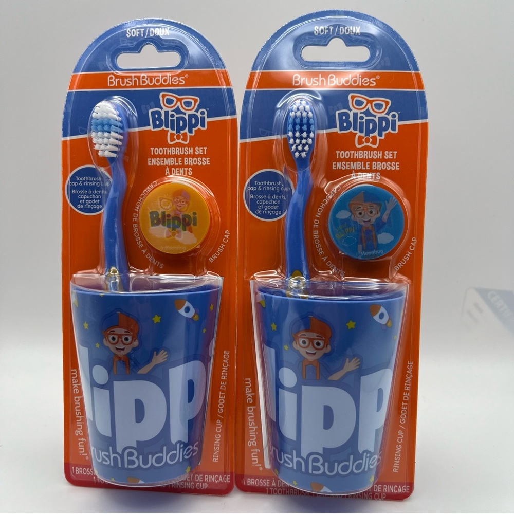 2 Brush Buddies Blippi Toothbrush set - Blippi Toothbrush, Cap, and Rinsing Cup